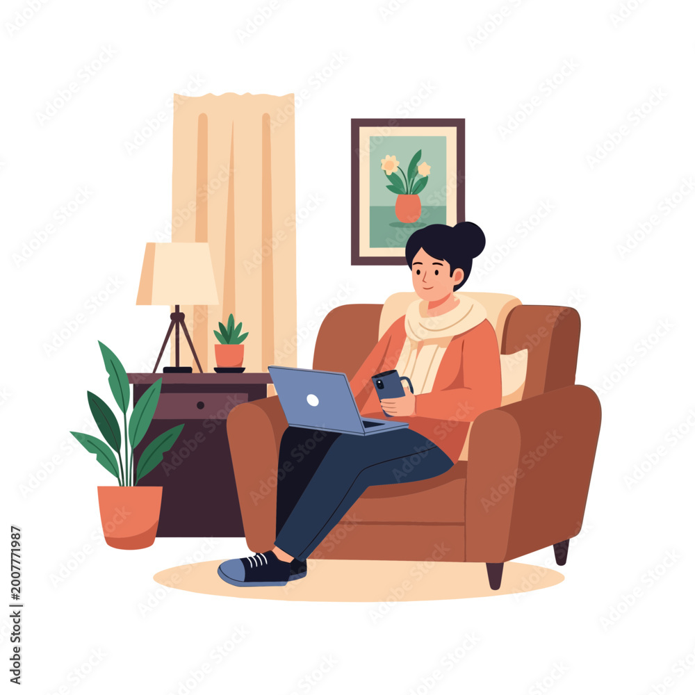 Fototapeta premium Woman using laptop and phone while working remotely on sofa
