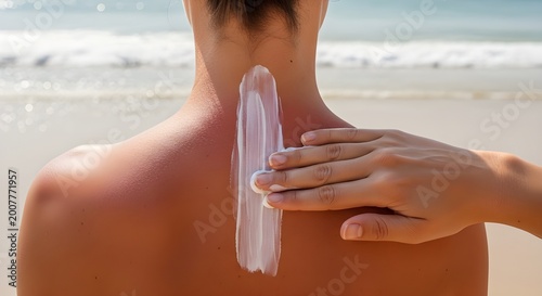 Person applying white sunblock lotion on a sunburnt back while standing at the sandy beach