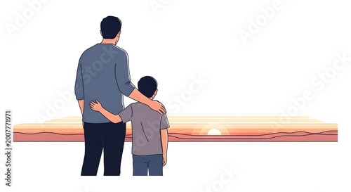 Father and son watching a sunset over the ocean
