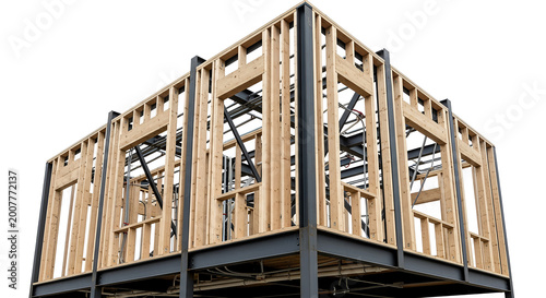 Modern architectural framework showcasing a sustainable building project with a blend of steel and timber construction, highlighting future urban development and structural integrity