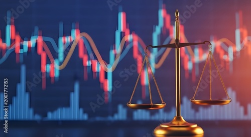 Golden scales of justice standing against a glowing digital financial market graph for legal trading concepts