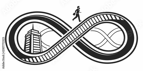 Tableau sur toile Infinity with skyscraper and businessman on a treadmill rat race white backgroun