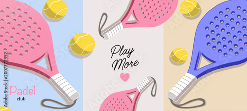 Картината върху платно Colorful padel rackets and balls arranged on pastel backgrounds with playful “Play More” text, modern sporty design ideal for fitness, leisure, and club promotion visuals