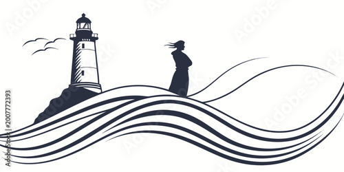 Konstfotografi Lighthouse and solitary figure overlooking waves symbolic representation of guid