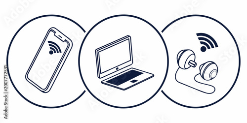 Tableau sur toile Icons of modern wireless technology: smartphone laptop headphones with wi-fi sig