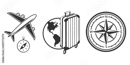 Photos Travel icons: airplane globe with suitcase compass and small compass rose wind r