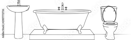 Cuadro en lienzo Line of bathroom fixtures: sink, bathtub, and toilet white background