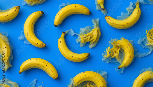 Peeled and unpeeled bananas on blue background, fruit yellow