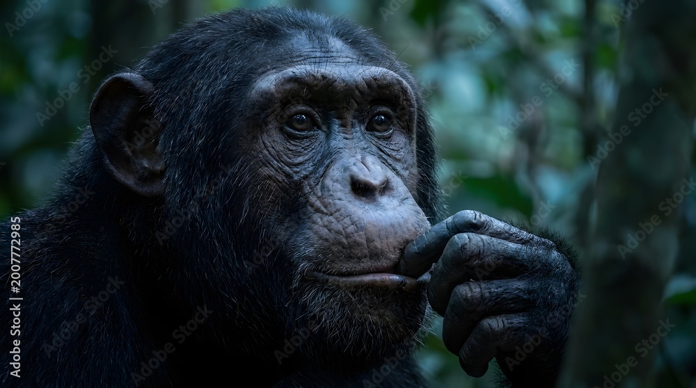 © Dilhani - Close-Up Chimpanzee Portrait with Fingers on Lips – Reflective Gaze in Cool Forest Shadows, Moody Cinematic Wildlife Photography, Ultra-Detailed Fur, 8K Realism