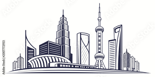 Canvas Print Futuristic shanghai skyline with oriental pearl tower and skyscrapers tall build