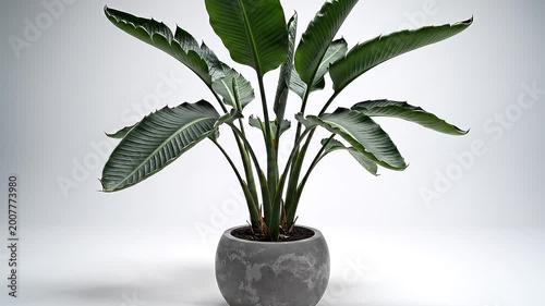 Green house plant in a gray vase on clean white background