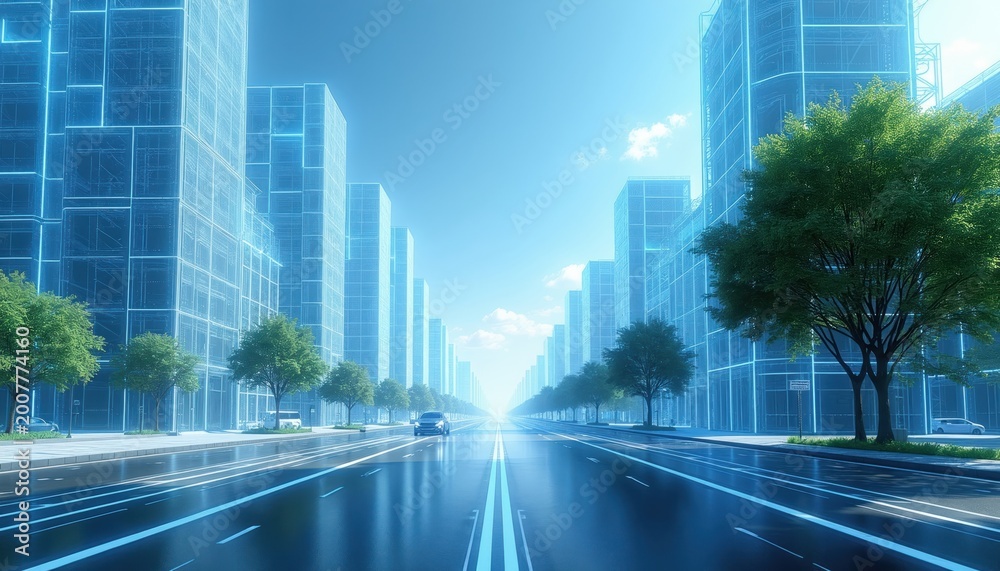 Fototapeta premium Futuristic city street with glowing blueprint buildings, green trees. Cars drive on wet asphalt reflecting blue lights. Clean urban environment with digital network lines overlaying architecture.