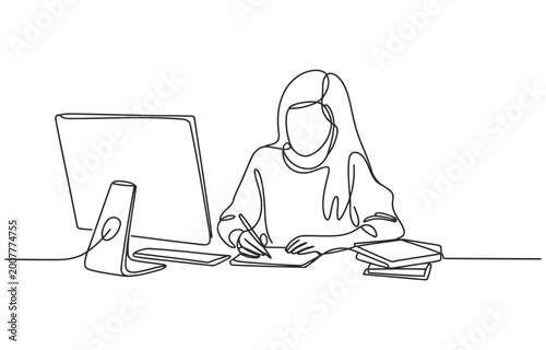 Minimalist continuous line drawing of a woman working on a computer and writing notes at desk with line art single one remote work at home computer minimalist workspace education