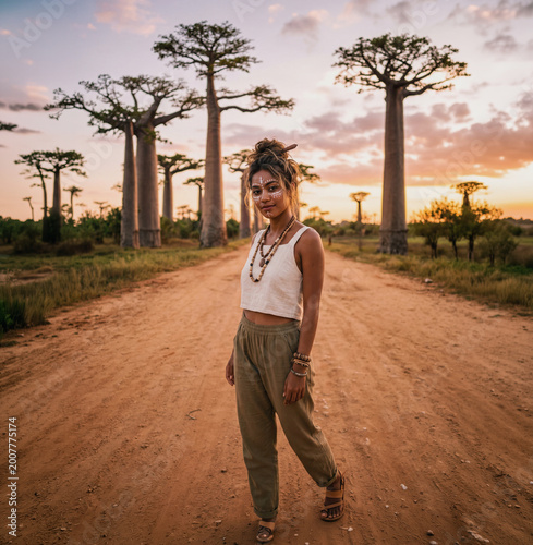 young man walking on the road lined with baobabs
