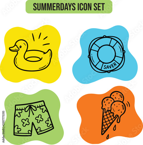 Summerdays icon set with duck floatie, life saver, swim trunks, and ice cream