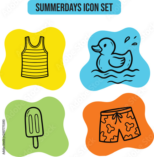 Summerdays icon set with tank top, rubber duck, popsicle and swim shorts