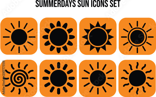 Set of eight orange sun icons isolated on white background