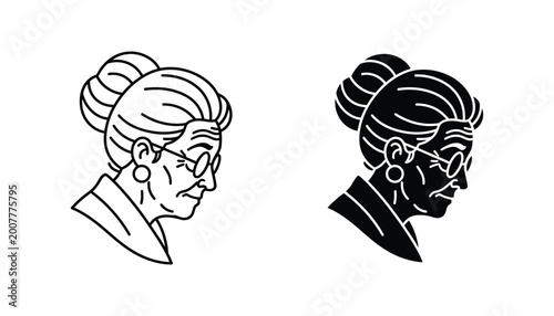 Elderly woman profile icon set with bun hairstyle and glasses in line art and solid black graphic design formats