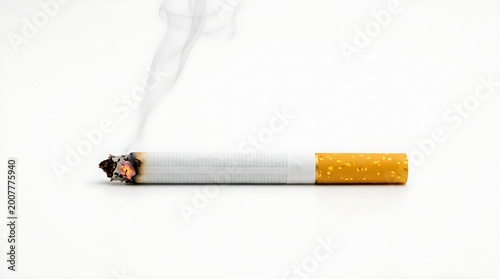 Close-up of a lit cigarette with burning embers and smoke, captured on a stark, bright white background.