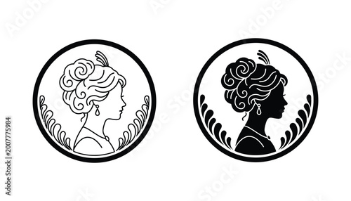 Elegant woman cameo portrait in circular frame with decorative feathers in line art and solid black vector style for sophisticated vintage branding