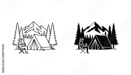Camping scene with person sitting by tent and campfire in front of mountain landscape vector illustration