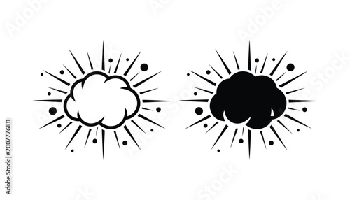 Cloud burst icon set featuring explosive weather graphics in both outline and solid black silhouette styles for comic and abstract design projects