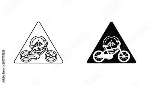 Bicycle inside triangular hazard sign vector graphic for road safety or transport branding concepts