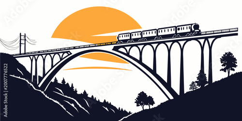 Obraz na plátně Stylized vector illustration of a modern passenger train crossing a high arch ra