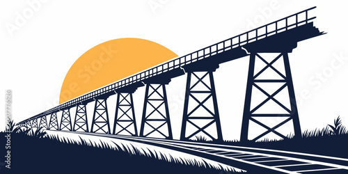 Photos Silhouette of a long railway trestle bridge over train tracks against a large or