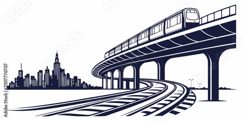 Fotografie Modern train on a high elevated bridge track curving above the ground with a dis