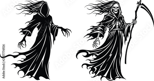 Tableau sur toile Grim Reaper Vector Set with Scythe and Mysterious Hooded Figure for Halloween, H