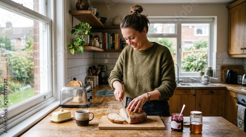 A woman in a green sweater slicing bread in a kitchen with a window in the background.