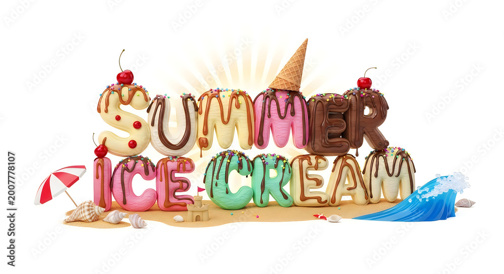 Fototapeta premium Summer ice cream word typography with beach elements, typography