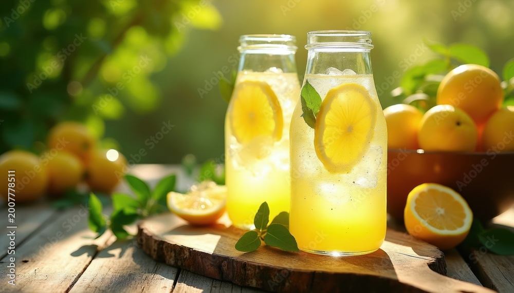 Fototapeta premium Two clear glass bottles hold refreshing lemon drinks with ice, lemon slices. Bowl of fresh lemons sits nearby, bathed in warm sunlight on wooden table. Scene evokes summer refreshment, healthy