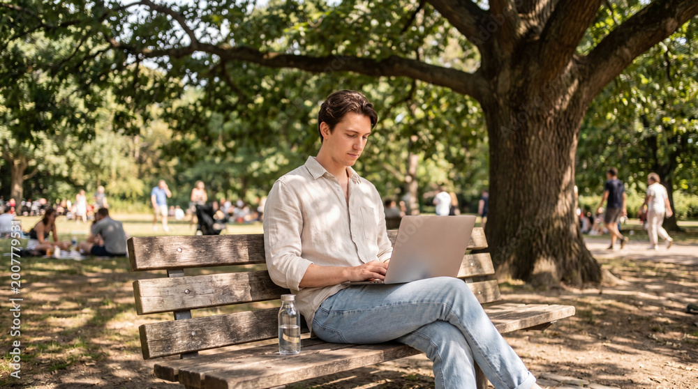 Obraz premium Person engaging in remote work on laptop in a serene park setting, blending productivity with relaxation.