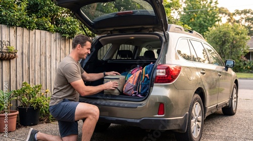 Man organizing car trunk with camping gear and backpacks, focusing on travel readiness and family outdoor adventure.