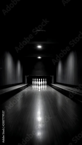 Hyper‑realistic close‑up of a white bowling pin next to a glossy bowling lane with a blurred neon sign in the background