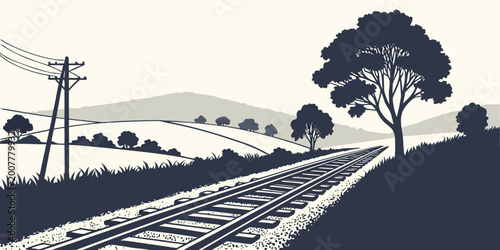 Bild auf Leinwand Monochrome graphic art of a railway line passing through a hilly countryside wit
