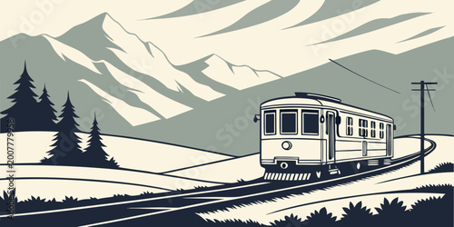 Foto Electric commuter train passing through a mountainous region with utility poles