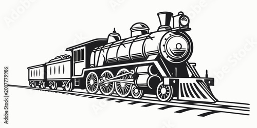 Bild auf Leinwand Classic steam locomotive and coal tender on railway tracks monochrome vector ill