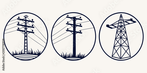 Bild auf Leinwand Set of three electrical transmission tower icons in circular frames with electri