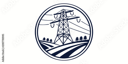 Fotografie High voltage electricity tower in landscape circular icon with electricity trans