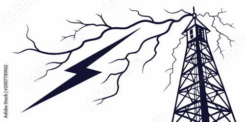 Фотография Electrical tower being struck by lightning in conceptual black and white silhoue