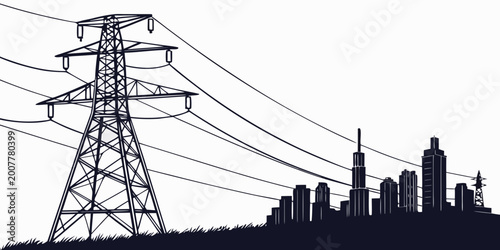 Fotografie Graphic silhouette of electricity transmission pylon and city skyline buildings