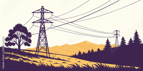 Quadro su tela High voltage electrical power pylons in mountain landscape at sunset vector illu