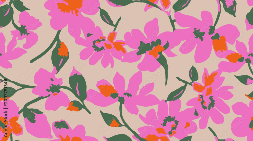 Fototapeta premium Exotic hand drawn flowers, seamless patterns with floral for fabric, textiles, clothing, wrapping paper, cover, banner, home decor, abstract backgrounds. Vector illustration.