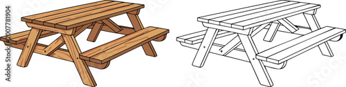 Wooden picnic table illustration & outline set isolated on transparent background