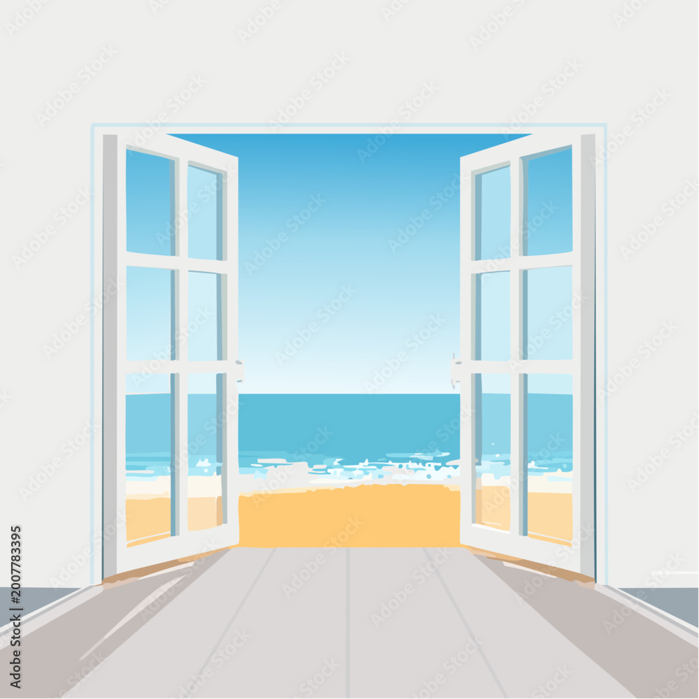 Fototapeta premium Offene Glastüren mit Meerblick Luxus Ferienhaus