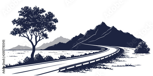 Scenic country road winding through hills towards majestic mountains with a tree road trip mountain range travel destination scenic route mountain landscape