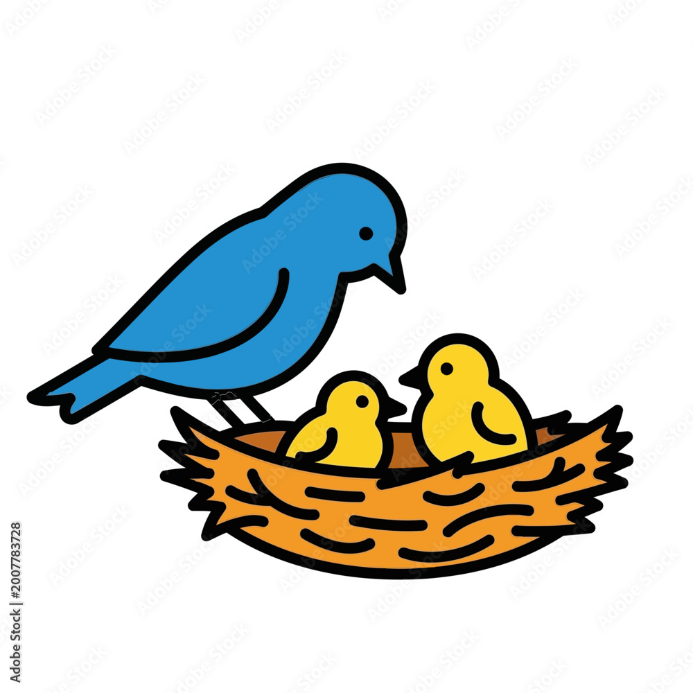 Fototapeta premium Blue mother bird tending to two yellow chicks in a brown nest, isolated on a black background.